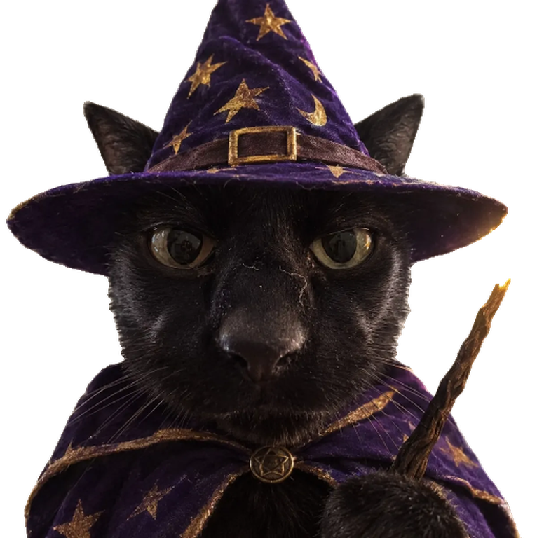 black magic cat in a purple star-covered wizard hat, holding a wand