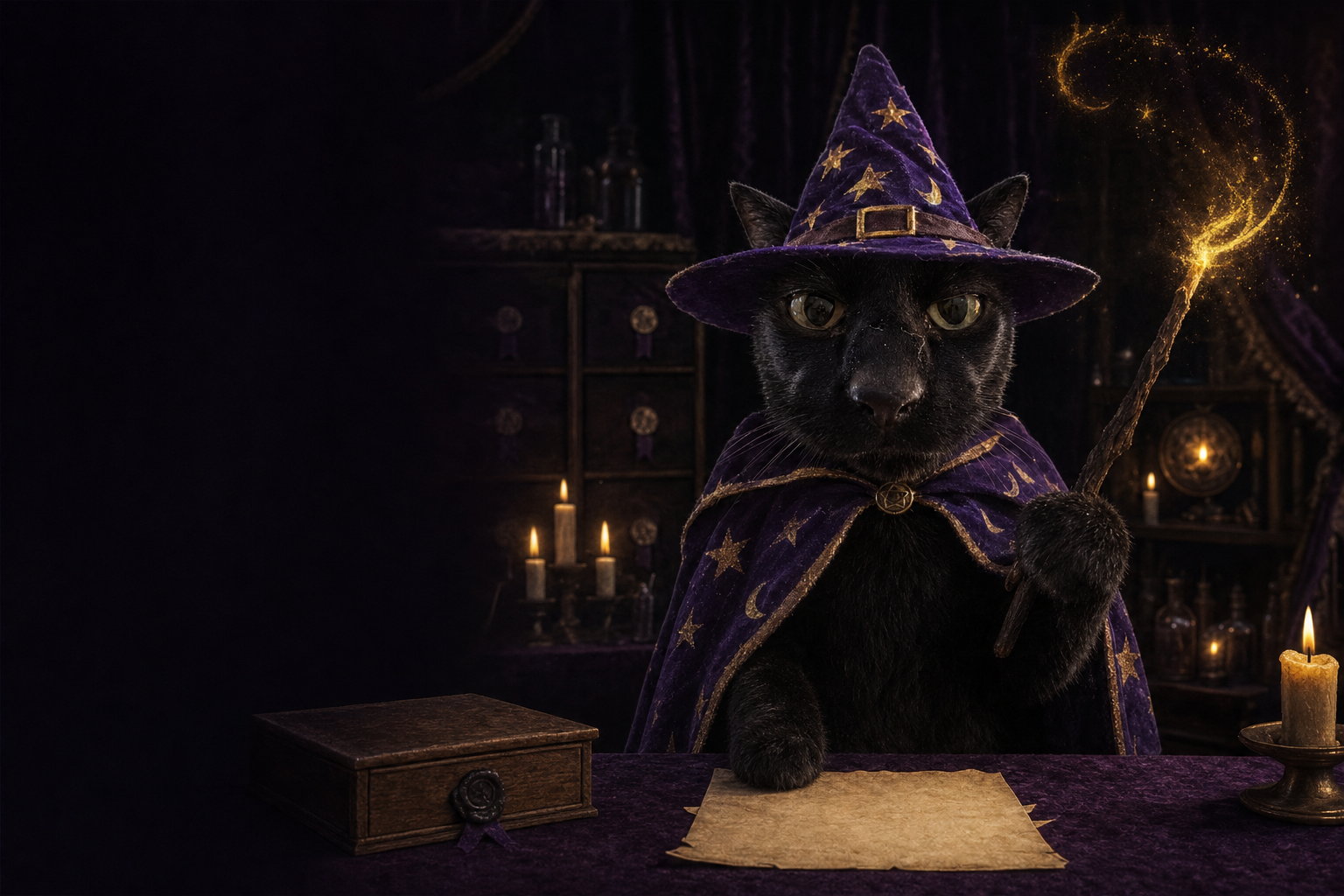 black magic cat in a wizard hat and star cloak, paw on a parchment beside candles, wand trailing gold sparks
